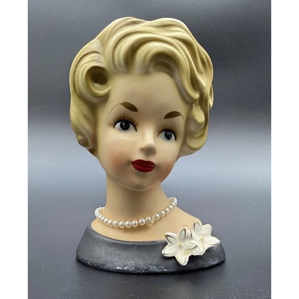 Vtg ARDCO Blonde Headvase Black Dress Flower Brooch Pearl Necklace  Read Read